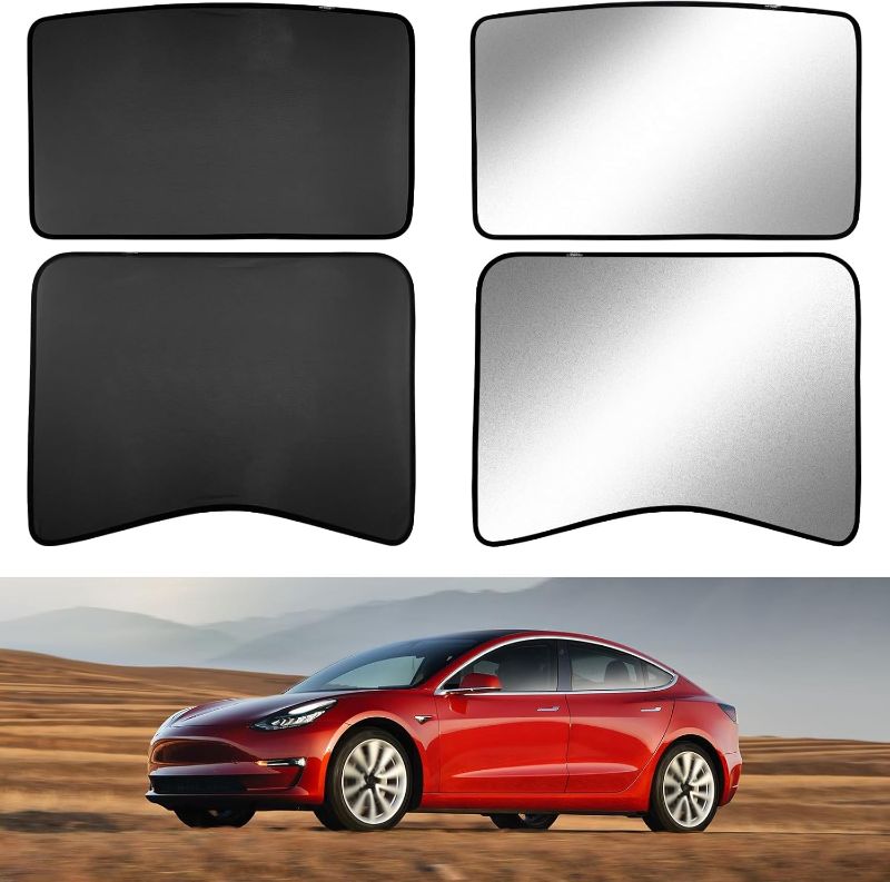 Photo 1 of Roof Sunshade for Tesla Model 3 2023 2022 2021, Foldable Top Glass Sunshade for Tesla Model 3 Accessories with Detachable Skylight Reflective Covers - 4pcs