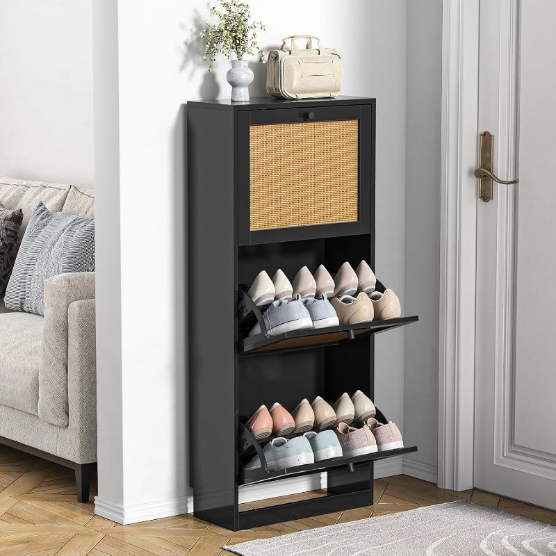 Photo 1 of Anmytek Shoe Cabinet, 12 Pair Shoe Storage Organizer Cabinet, 3-Tier Rattan Shoe Cabinet with 3 Flip Drawers, Wooden Storage Cabinet for Entryway Hallway, Black S0011