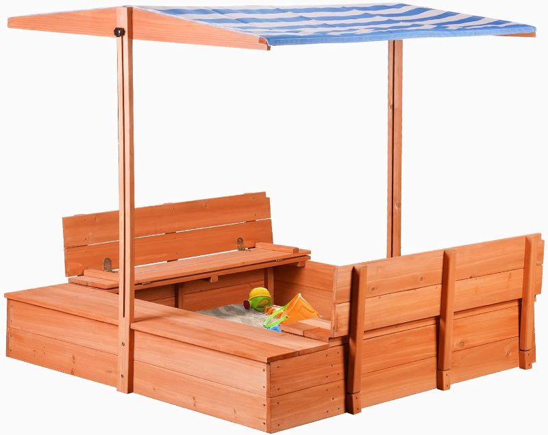 Photo 1 of Kids Wooden Sandbox with Cover for Backyard Garden,Sand Box with Adjustable Canopy,Kids Outdoor Play Equipment Sand Protection Bottom Liner 47X47in.