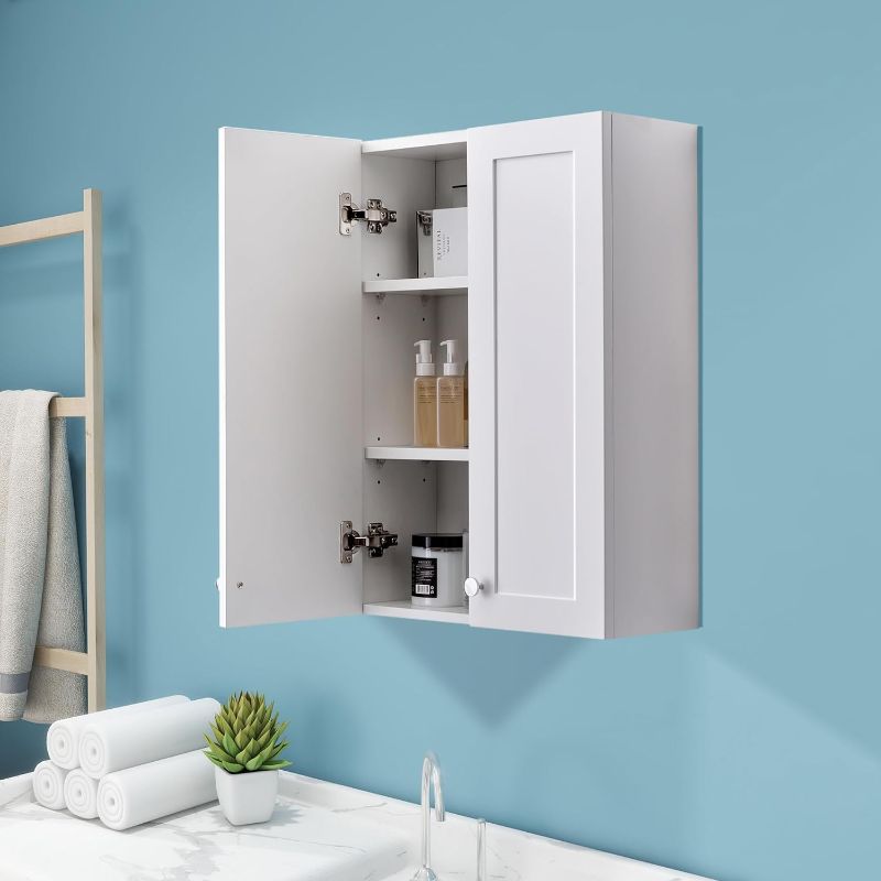 Photo 1 of White Wall Mount Cabinet, MDF Over The Toilet Storage Cabinet with Adjustable Shelves, Space Saver 2 Door Medicine Cabinet for Bathroom Laundry Kitchen, 19x 27in