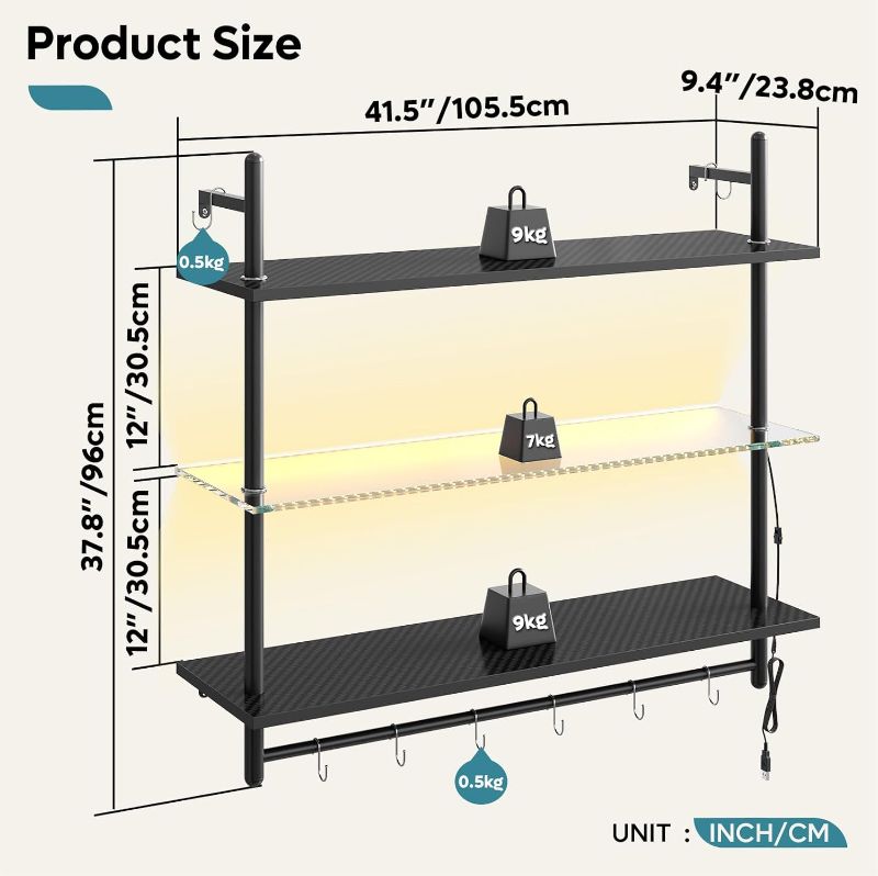 Photo 1 of Bestier 41" LED Floating Shelves for Wall, Kitchen Shelves Wall Mounted 3 Tier Shelf with Tower Bar  8 S-Hooks, Pipe Glass Shelves Bookshelf Wall Decor for Bathroom Bedroom, White