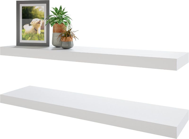 Photo 1 of BAMEOS Floating Shelves, White Wall Mounted Wooden Shelves with Invisible Brackets Set of 2, Hanging Wall Shelves Decoration for Bedroom and Kitchen