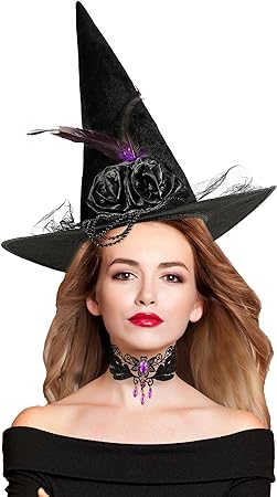Photo 1 of 2024 Halloween Witch Hats for Women - Gothic Velvet Black Witch Hat with Large Feathers and Gothic Choker Witches Necklace as witch accessories for women costumes