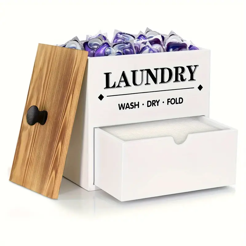 Photo 1 of 1pc Dryer Sheet Holder With Drawer And Lid, Wood Dryer Sheet Dispenser And Laundry Pods Container For Laundry Room Organization And Storage, Laundry Pod Holder Wall Mount For Laundry Room Decor (Black & White)