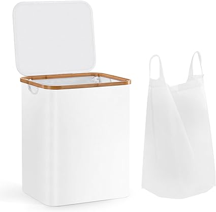 Photo 1 of Laundry Hamper with Lid by TECHMILLY, 66L Small Tall Laundry Basket with Bamboo Handles for Clothes and Toys, Collapsible Laundry Basket with Removable Inner Bag for Bedroom and Bathroom, White