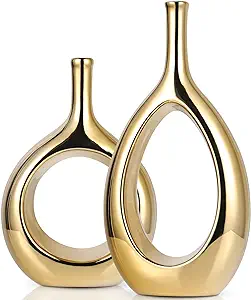 Photo 1 of Modern Glossy Gold Ceramic Vase Set - 2 Small Vases, Luxurious Home Decor Gold, Great for Gold Centerpieces; Ideal Shelf Décor, Table Décor, Bookshelf, Mantle, Entryway
