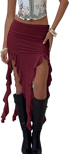Photo 1 of Fisoew Womens Summer Midi Skirt Asymmetric Ruffled Slit Pain Solid Color Stretchy Sexy Club Y2K Skirts  med