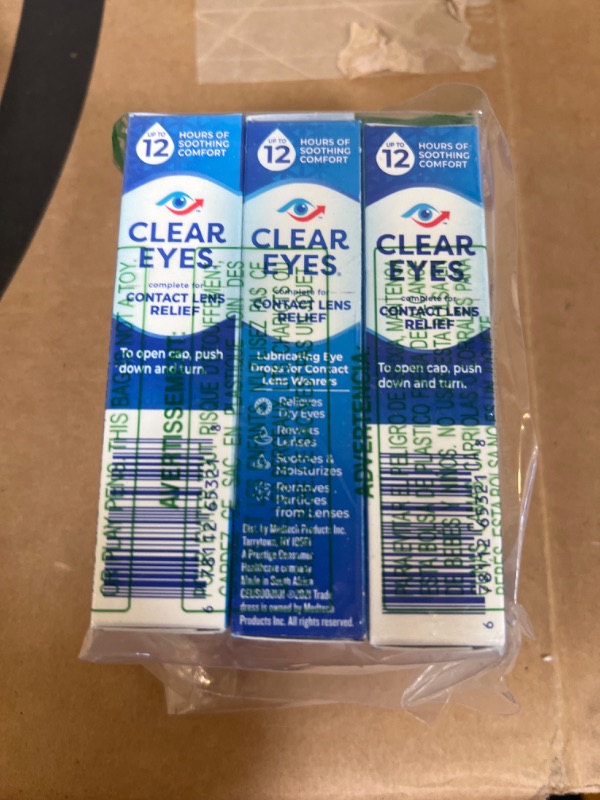 Photo 1 of Clear Eyes Contact Lens Relief Eye Drops, 0.5 fl oz, 3 Pack 1.5 Ounce Contact Lens  BB 12-2024