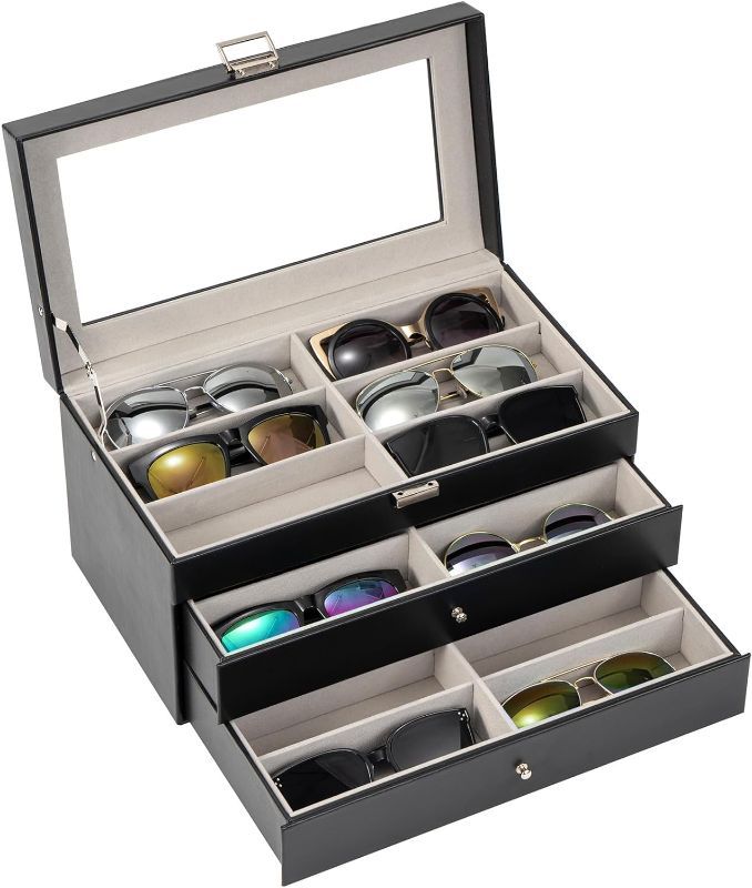 Photo 1 of ProCase 3-layer Sunglasses Storage Organizer, 18 Slots Leather Sunglass Box Multiple Pairs Eyeglass Cases Eye Glass Eyewear Display Holder for Men Women, Father's Day Gift -Black

