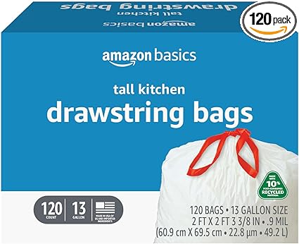 Photo 1 of Amazon Basics - Tall Kitchen Trash Bags, 13 Gallon 10% Post Consumer Recycled Content, Unscented 120 pack