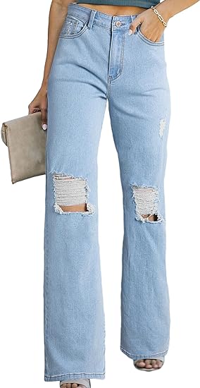 Photo 1 of PerZeal Women High Waisted Washed Distressed Frayed Ripped Hole Stretchy Denim Jeans   med 
