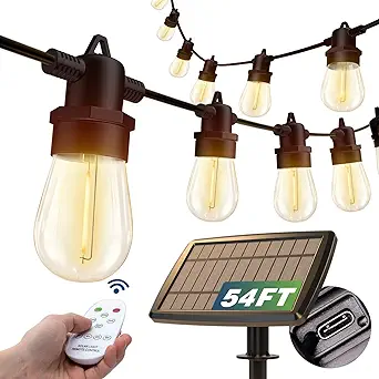 Photo 1 of addlon 54(48+6) FT Solar String Lights Outdoor Waterproof with USB Port & Remote Control Solar Patio Lights Long Last for 20+Hrs Dimmable Solar Power LED Bulbs for Porch Garden Market Bistro