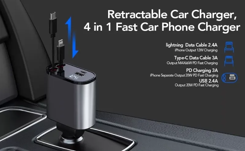 Photo 1 of 4 IN 1 Retractable Car Charger Cable Dual Port USB-C PD Fast Charging Adapter