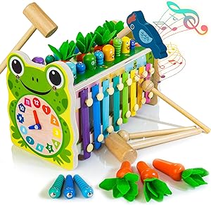 Photo 1 of Wooden Montessori Hammering Pounding Toys for Toddlers, 6-in-1 Early Educational Toys with Whack a Mole Game, Xylophone, Carrot Harvest Game, Gift for 1 2 3 Years Old Boys Girls
