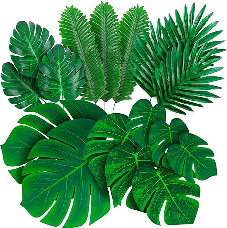 Photo 1 of Decopom Palm Leaves Artificial Tropical Monstera-84Pcs 6 Kinds Large Small Green Fake Palm Leaf with Stems for Safari Jungle Hawaiian Luau Party Table Decoration Wedding Birthday Theme Party