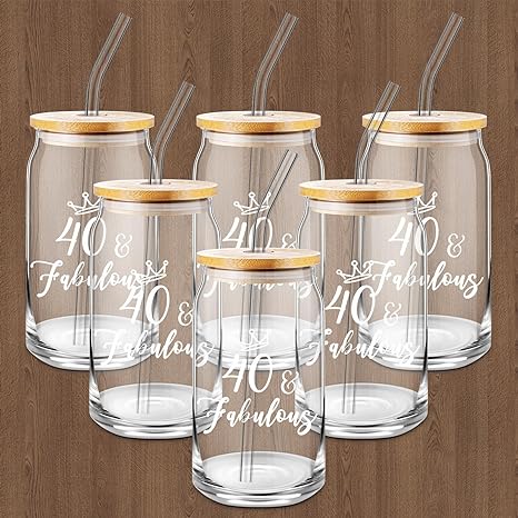 Photo 1 of 6 Pack 40th Birthday Gifts for Girls Drinking Glasses with Lids and Straw 40th Birthday Decorations Clear Coffee Glass Cups for Daughter Granddaughter Niece Student Party Supplies Favors