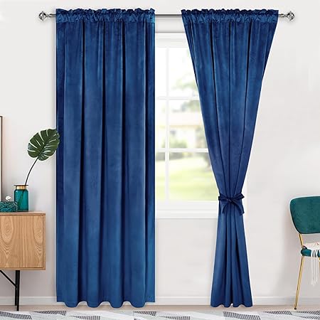 Photo 1 of Curtains 84 inch Blackout Rod Pocket Thermal Insulated Soft Curtains Room Darkening Window Drapes with Tiebacks for Bedroom Living Room, Set of 2 Panels, 42W x 84L