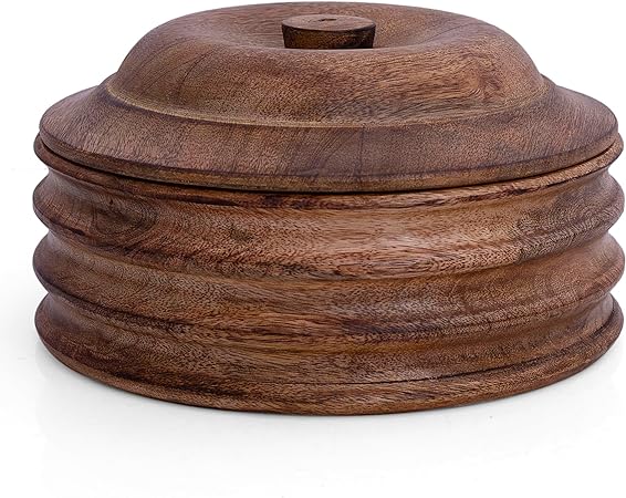 Photo 1 of Handcrafted Wooden Mexican Tortilla Warmer Basket Indian Chapati Roti Bread Holder Box Pancake Keeper Serveware Hot Pot Casserole Dish With Lid Home Kitchen Dining Decor, Natural Brown, 9 x 4.5 Inches