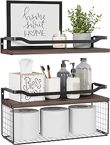 Photo 1 of WOPITUES Floating Shelves with Wire Storage Basket, Bathroom Shelves Over Toilet with Protective Metal Guardrail, Wood Wall Shelves for Bathroom, Bedroom, Living Room, Toilet Paper- Dark Brown