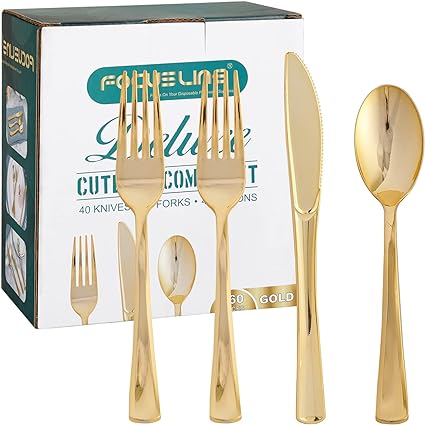 Photo 1 of FOCUSLINE 160 Pack Gold Plastic Silverware Set, including 80 Gold Forks, 40 Gold Knives, 40 Gold Spoons, Disposable Flatware Heavy Duty Plastic Cutlery Set for Weddings, Catering, Parties, Dinners