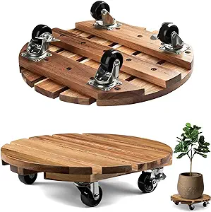 Photo 1 of Velway 2Pack Plant Caddy Stand with Wheels: 12" Round Rolling Plant Stand with 360° Lockable Casters - Heavy-Duty 220lbs Acacia Wood Plant Dolly for Indoor Outdoor Patio Flower Pot
