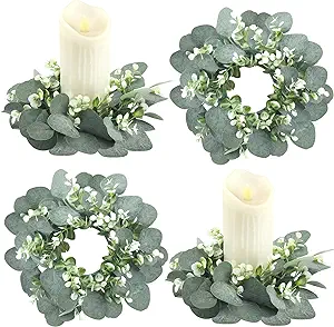 Photo 1 of 4 Pieces Candle Rings Artificial Eucalyptus Leaves Wreaths Candle Rings Wreaths Small Boho Wreath Pillar Candle Holder for Wedding Home Door Tabletop Decoration (Elegant Eucalyptus Leaf)