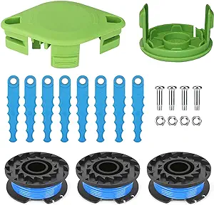 Photo 1 of 29252 29092 Trimmer Spool Line New Upgraded Head Blade 16ft 0.065" Compatible with Greenworks 21302 21332 21342 String Trimmer 3411546A-6 Cap Covers Parts(Two Types of Mowing Methods)