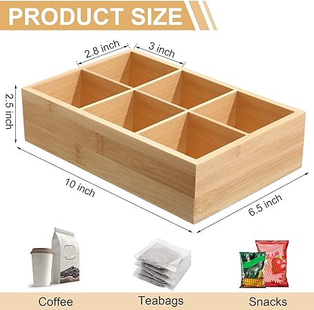 Photo 1 of Pcs Bamboo Divided Storage Organizer Bamboo Container with 6 Compartments Wood Food Storage Bin Wooden Tea Drawer Box Bamboo Pantry Bin Wooden Holder Case for Snacks Tea Bags Coffee Sugar