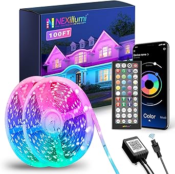 Photo 1 of Nexillumi 100ft Waterproof LED Strip Lights with Remote, SMD 5050 Color Changing Music Sync App Control LED Lights for Bedroom, Living Room, Dorms, Room Decor(Strip Lights 50ft x 2)