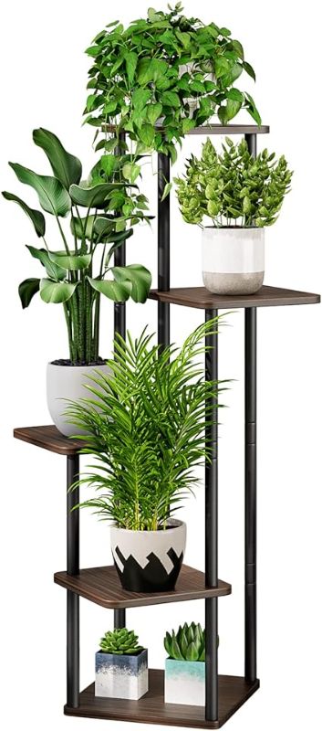 Photo 1 of Plant Stand 5 Tier Indoor Metal Flower Shelf for Multiple Plants Corner Tall Flower Holders for Patio Garden Living Room Balcony Bedroom, Black Oak (5 Tier-Black Oak)