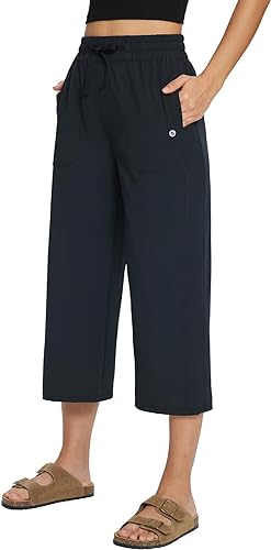 Photo 1 of   LARGE  BALEAF Women's 21" 30" Wide Leg Pants Capris Athletic Casual with Pockets Drawstring Quick Dry Walking Workout UPF50+