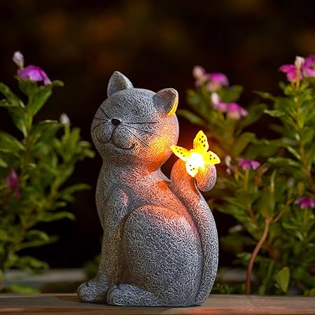 Photo 1 of Solar Cat Outdoor Statues for Garden: Outside Decor with Butterfly Clearance for Yard Art Lawn Ornaments Porch Patio Balcony Home House - Birthday Gifts for Grandma Mom Women