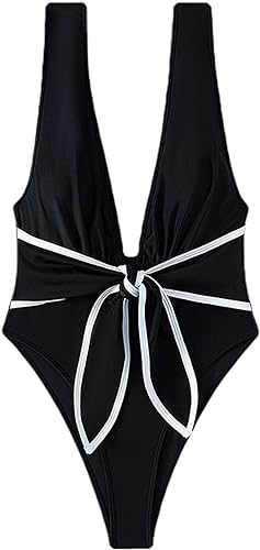 Photo 1 of small Hilinker Women's Tie Bow One Piece Swimsuit Deep V Neck Tummy Control Bathing Suit