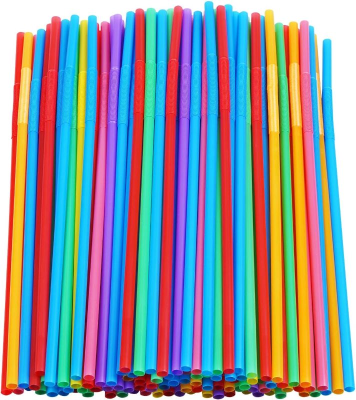 Photo 1 of 200 Pcs Colorful Plastic Long Flexible Straws.(0.23'' diameter and 10.2" long)