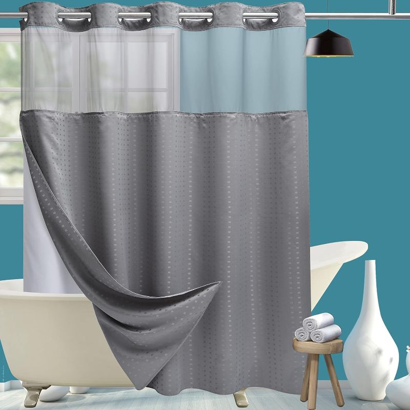 Photo 1 of Conbo Mio Hotel Style Fabric Shower Curtain with Snap in Liner for Bathroom Machine Washable Waterproof Repellent Wide Shower Curtain(Grey-Small Squares,71"(W) x 84"(H))