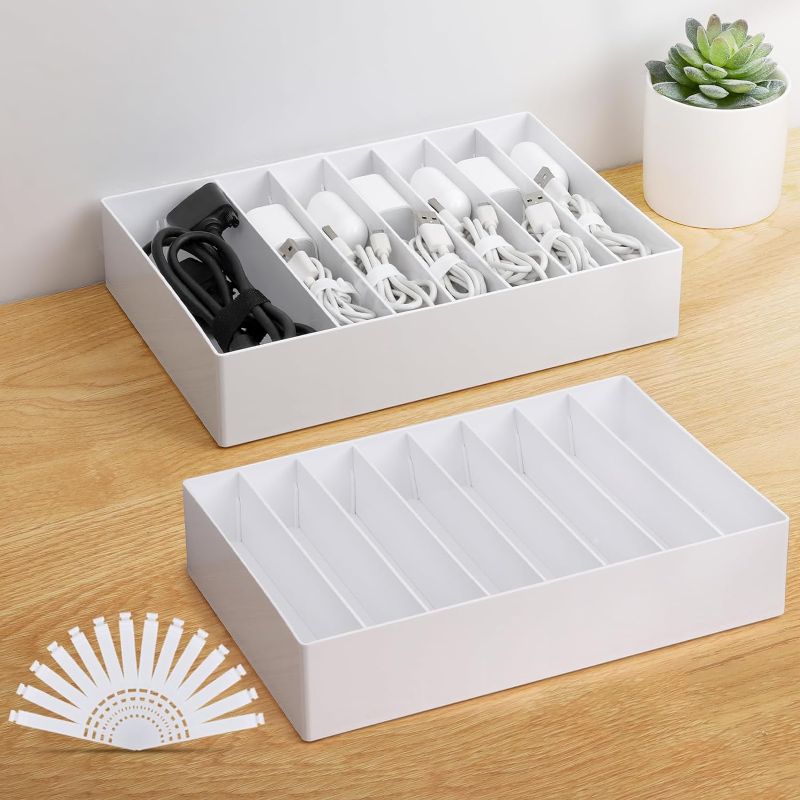 Photo 1 of 2 Pcs Large Cable Organizer Box with Wire Ties,Plastic Charger Organizer box with 8 Compartments,Stackable Cord Organizer Box for Office,Home,Desk Drawer Stationery Supplies Storage,White