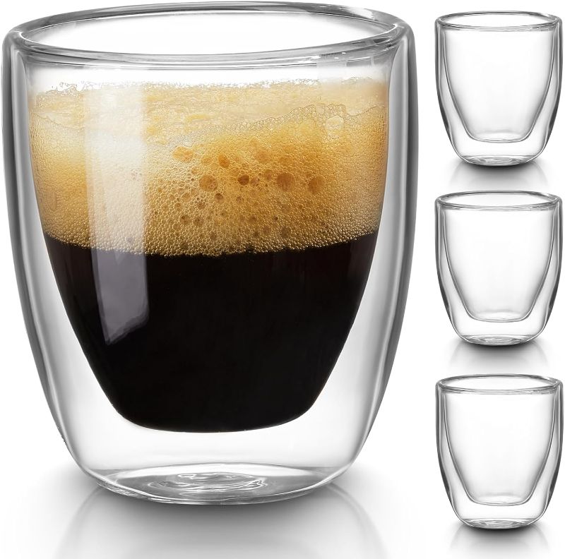 Photo 1 of Double Walled Espresso Cups Set of 4 (50% Thicker), 3 Ounce Clear Expresso Coffee Mugs, Espresso Shot Glasses, Double Wall Insulated Espresso Cups Suit for Espresso Machine, Microwave Safe