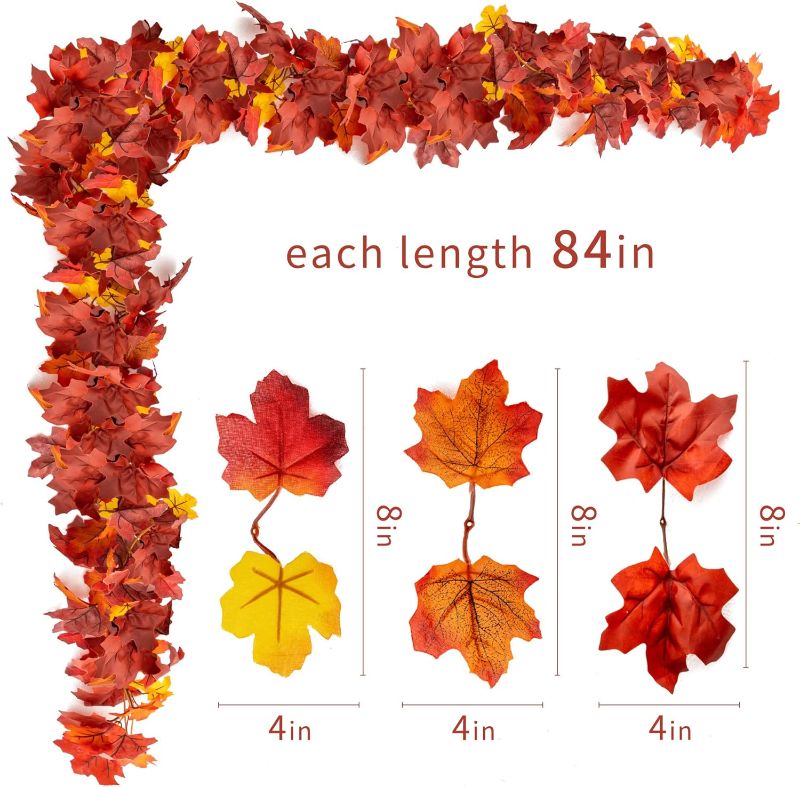 Photo 2 of 4 PCS Fall Maple Leaves Garland, Party Joy 5.6Ft Artificial Maple Leaf Autumn Garland Hanging Fall Vines Table Decorations Front Door Fall Decor Thanksgiving Decorations Decor Outside Indoor Decor