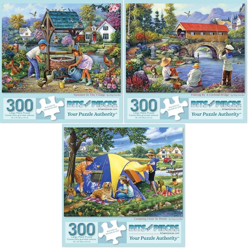 Photo 1 of Bits and Pieces - Value Set of Three (3)- 300 pc Summer in The Village, Fishing by A Covered Bridge, Camping Close to Home Jigsaw Puzzle for Adults by Artist Oleg Gavrilov