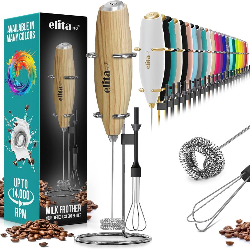 Photo 1 of ELITAPRO ULTRA-HIGH SPEED Milk Frother - Double Whisk Handheld Foam Maker - 2-in-1 Drink Mixer - Detachable Egg Beater - Frother Wand for Matcha, Coffee, Latte, Cappuccino, Hot Chocolate (Wood)