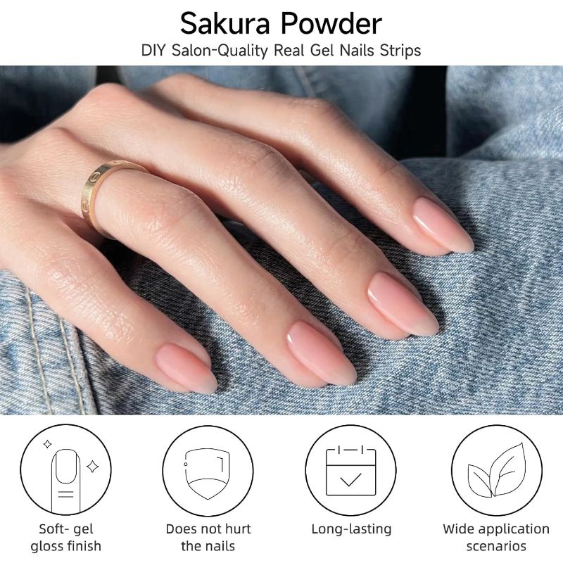 Photo 2 of Semi Cured Gel Nail Strips, 28 pcs Gel Nail Strips Work with Any UV Lamp, Long Lasting Gel Nail Stickers Full Nail Wraps, Salon Quality, Easy to Apply(Sakura Powder)