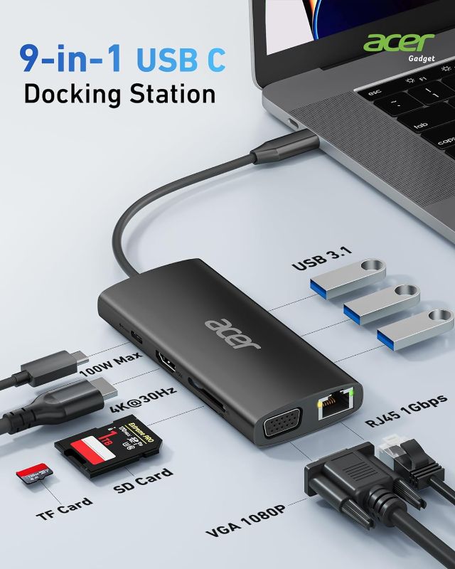 Photo 2 of Acer USB C Hub with 4k HDMI, 5-in-1 USB C to Ethernet Adapter, 5Gbps USB-A 3.1 Docking Station, PD 100W Charging, SD Card Reader, USB to VGA Splitter for MacBook, Acer, Laptops, Surface (Black)