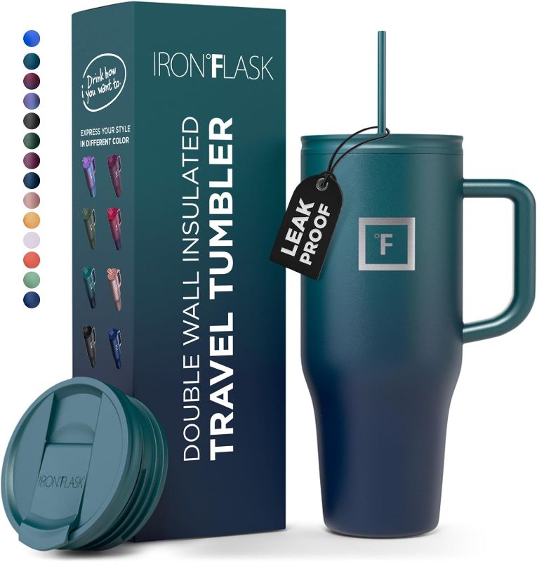 Photo 1 of IRON °FLASK Co-Pilot Insulated Mug w/Straw & Flip Cap Lids - Cup Holder Bottle for Hot, Cold Drink - Leak-Proof - Water, Coffee Portable Travel Mug - Dark Night, 40 Oz