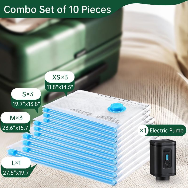 Photo 2 of BRODI 10 Combo Pack Travel Vacuum Bags with Pump - Compression Bags for Travel,Vacuum Storage Bags for Space Saver & Travel Essentials,Vacuum Seal Bags for Clothing,Travel Vacuum Bags for Luggage