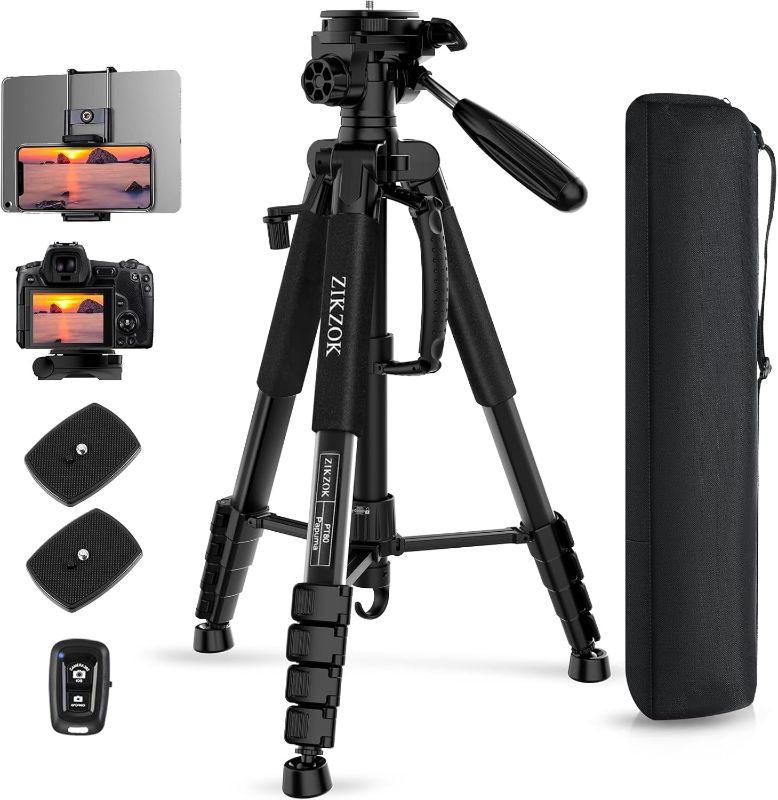 Photo 1 of 75" Camera Tripod for Cell Phone, Travel Tripod for Camera with Wireless Remote, Heavy Duty Camera Stand Tripod for DSLR/SLR/DV/GoPro (Black)