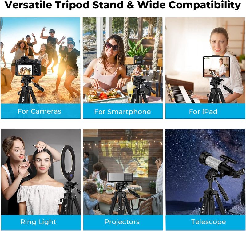 Photo 2 of 75" Camera Tripod for Cell Phone, Travel Tripod for Camera with Wireless Remote, Heavy Duty Camera Stand Tripod for DSLR/SLR/DV/GoPro (Black)