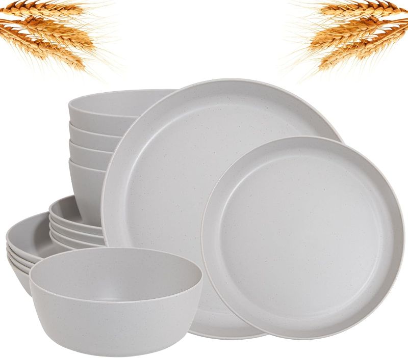 Photo 1 of 12pcs Wheat Straw Dinnerware Set of 4,Reuasble Plates,Unbreakable Dinner Plates,Lightwight Plastic Plates,Hard Premium Plastic Plates,Party Plastic Plates Set for Camping,Picninc,Family Dinner