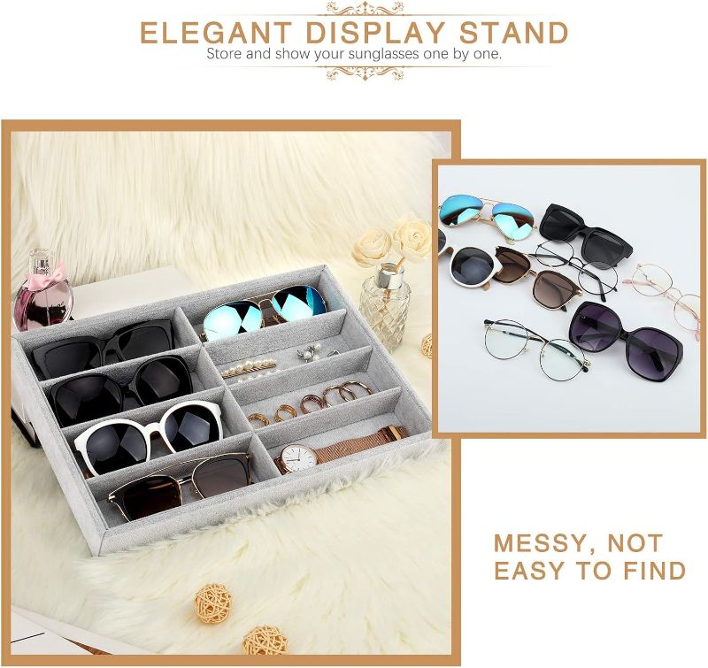 Photo 2 of Sunglass Organizer Jewelry Tray, 8 Grids Velvet Tray Glasses Watch Storage Stackable Tray, Eyeglasses Jewelry Showcase Display Organizer Tray - Grey