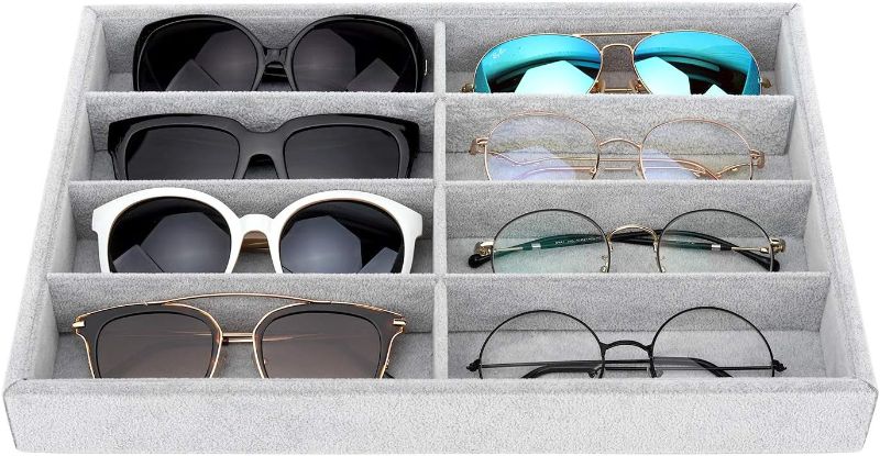 Photo 1 of Sunglass Organizer Jewelry Tray, 8 Grids Velvet Tray Glasses Watch Storage Stackable Tray, Eyeglasses Jewelry Showcase Display Organizer Tray - Grey