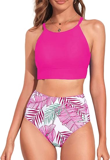 Photo 1 of Medium Herseas Women's Bikini Sets High Neck Tropical Leaf Print High Waisted Two Pieces Swimsuits Bathing Suits